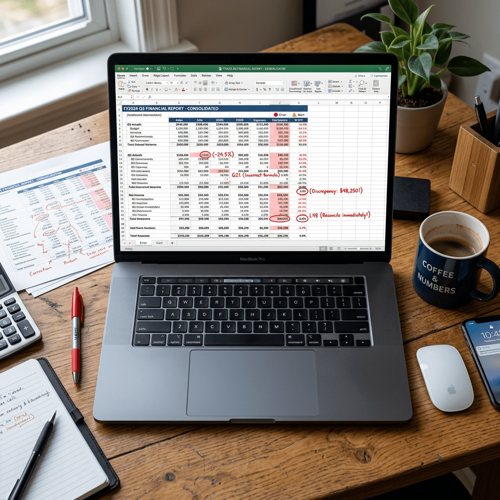 Spreadsheet showing financial data with handwritten red annotations highlighting errors and discrepancies