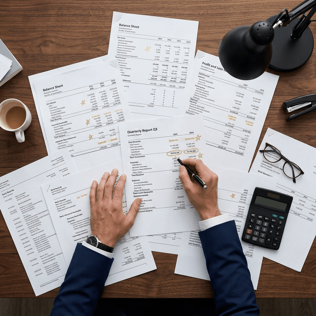 Hands annotating financial documents and reports spread on a wooden desk with calculator, glasses, coffee cup, and desk lamp