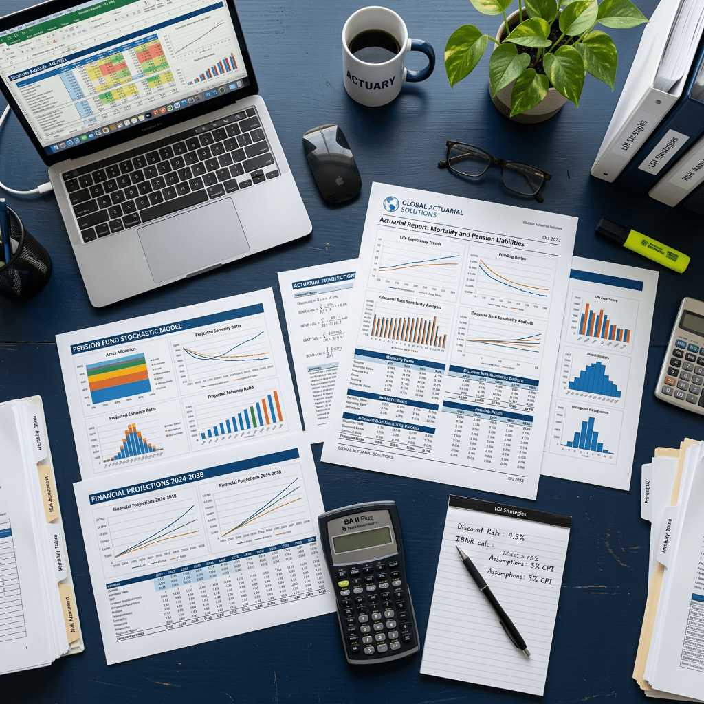 Laptop, actuarial reports, calculator, glasses, and coffee mug on desk