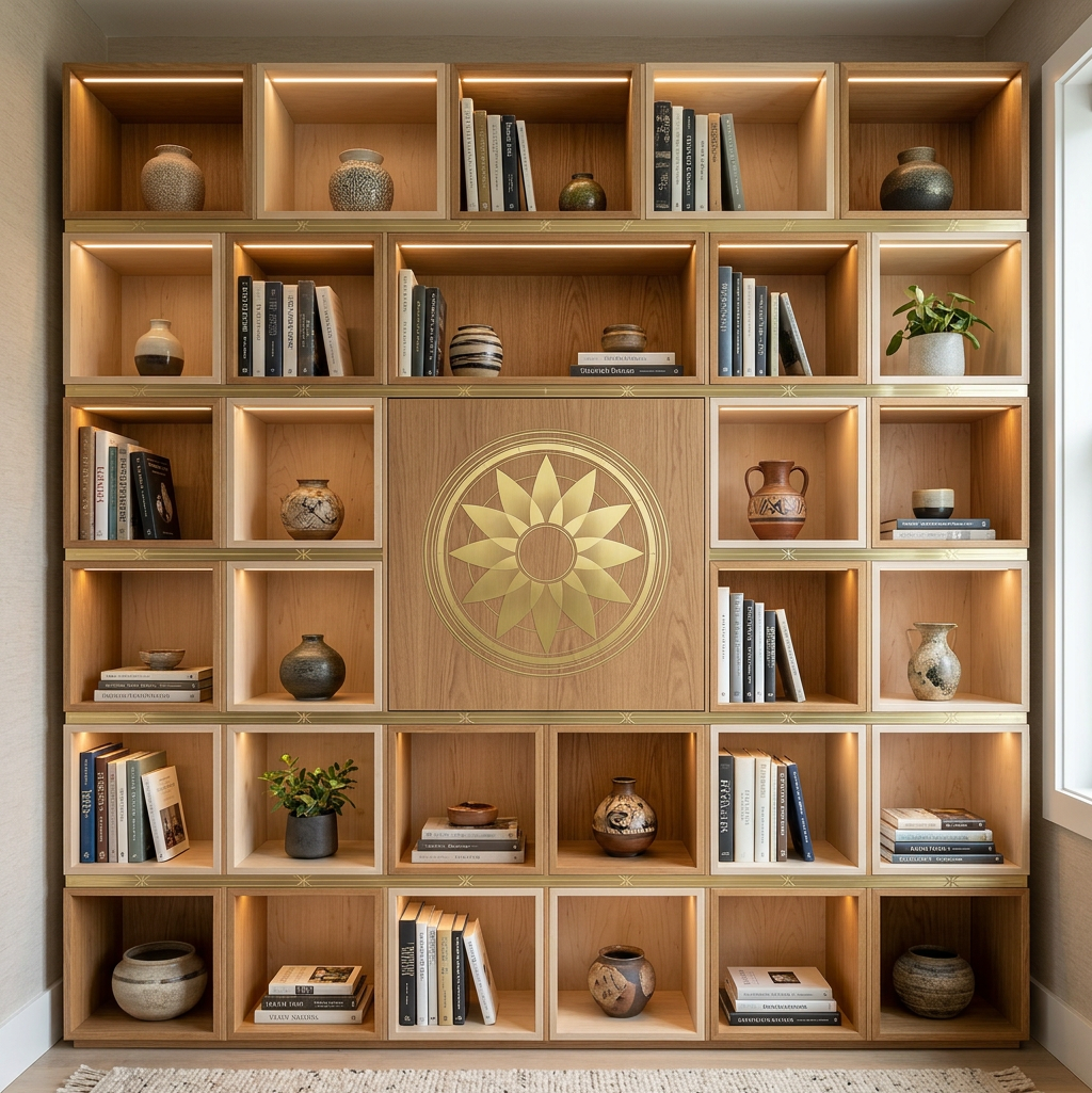 Wooden bookshelf with cubed shelves holding pottery, books, plants, and central decorative panel
