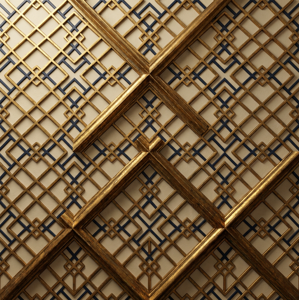 Ornate golden geometric lattice design Geometric lattice with gold and dark intersecting lines forming diamond shapes