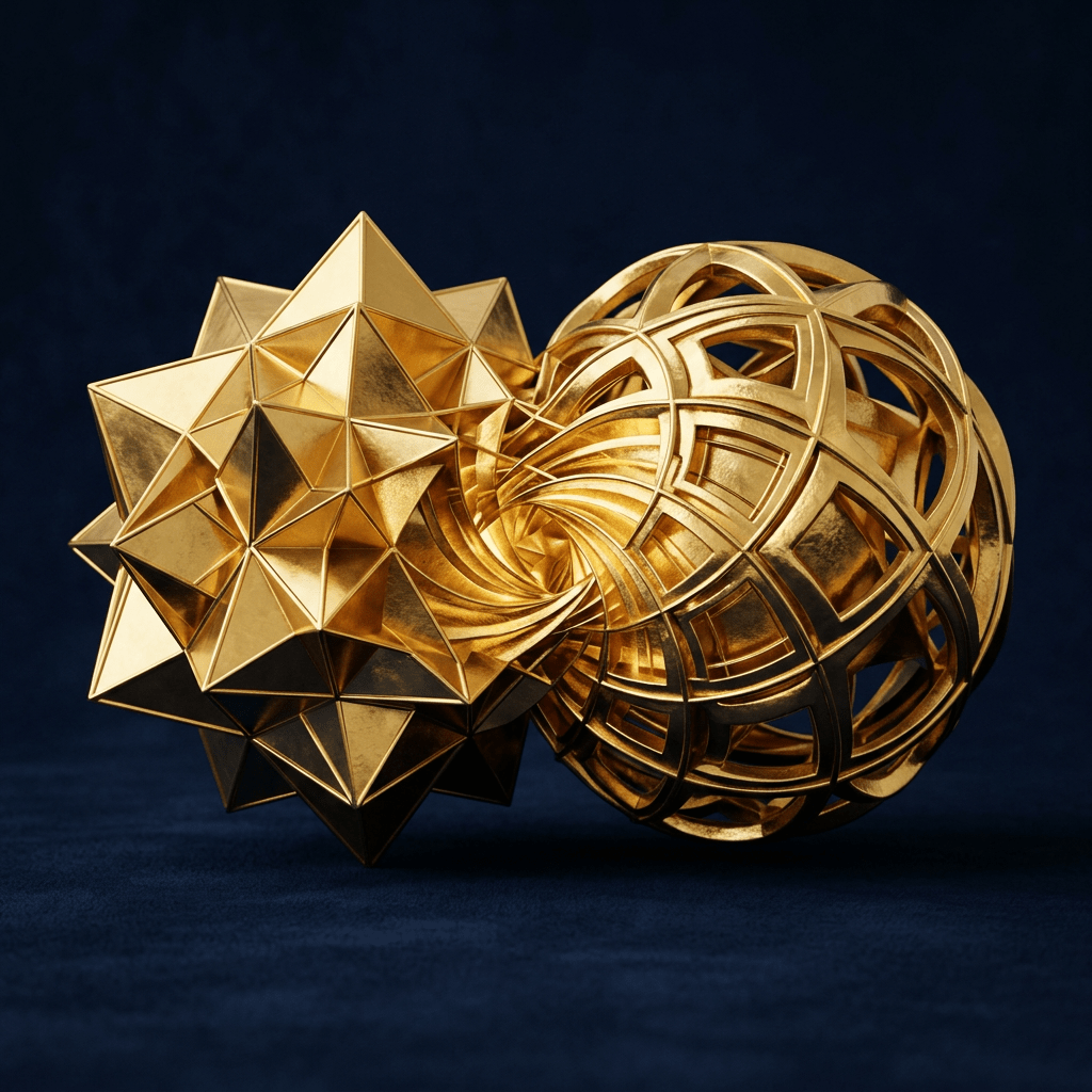 Golden sculpture combining sharp pyramidal shapes and interwoven lattice structures