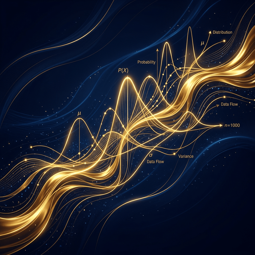 Golden wave lines representing statistical data flow and probability distributions on dark background