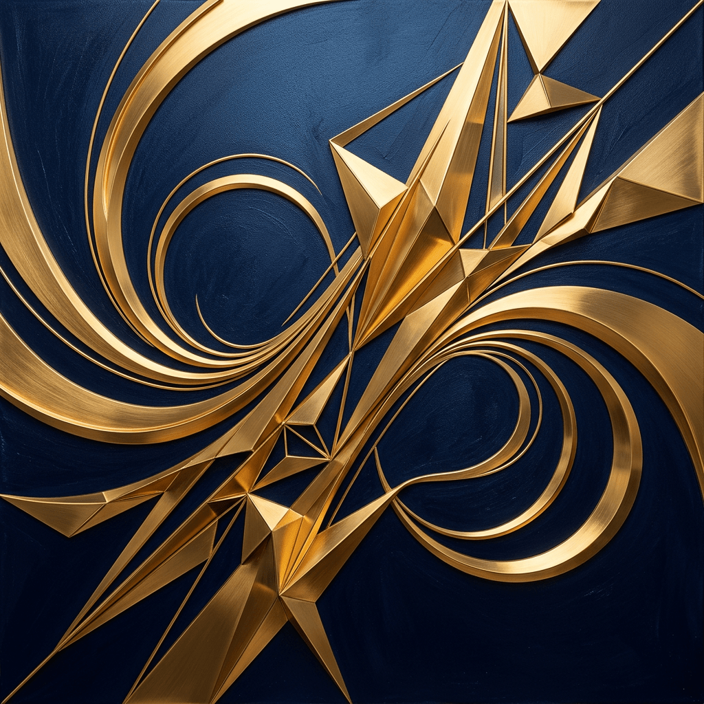 Abstract arrangement of gold geometric shapes and curves on deep blue background