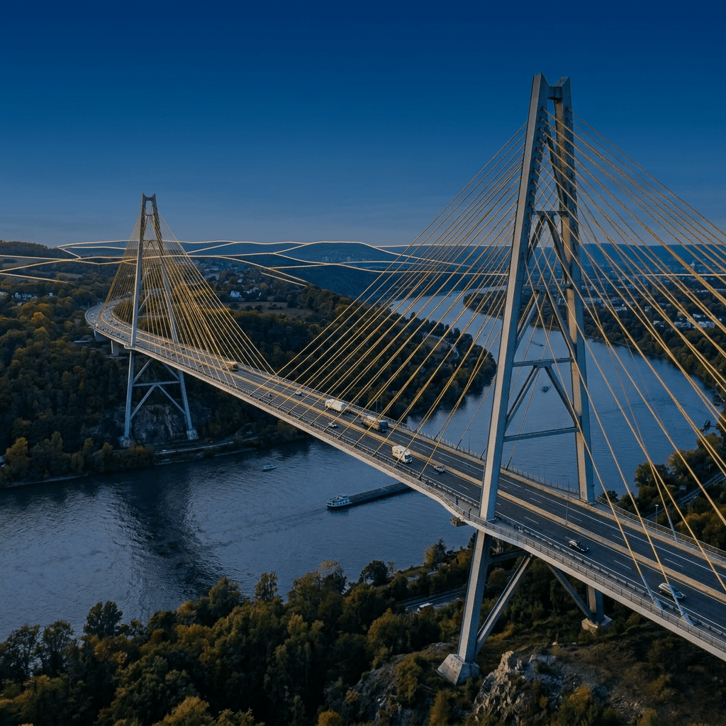 Cable-stayed bridge crossing a river with cars and boats beneath at sunset